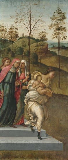 John the Baptist being carried to Zacharias, c. 1510. Attributed to Francesco Granacci (Italian, 1469-1543). Tempera and oil with gold on wood; unframed: 76.2 x 33 cm (30 x 13 in.).