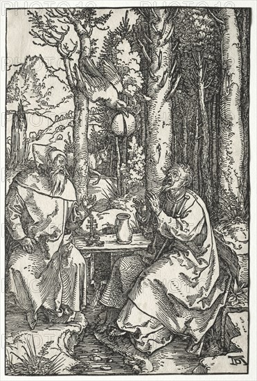The Visit of St. Anthony to St. Paul the Hermit, c. 1504. Albrecht Dürer (German, 1471-1528). Woodcut