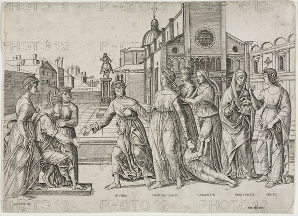 The Calumny of Apelles, c. 1500-1506. Girolamo Mocetto (Italian, c. 1458-c. 1531), after Andrea Mantegna (Italian, 1431-1506). Engraving