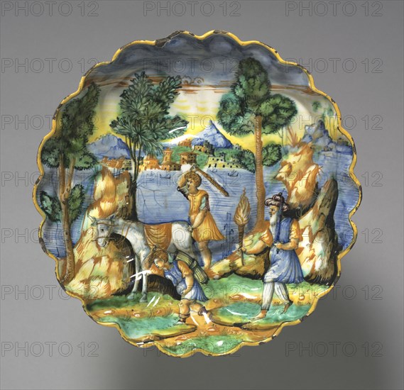 Footed Dish depicting Abraham and Isaac, c. 1525-50. Italy, Urbino, 16th century. Tin-glazed earthenware (maiolica); diameter: 7 x 27.3 cm (2 3/4 x 10 3/4 in.).