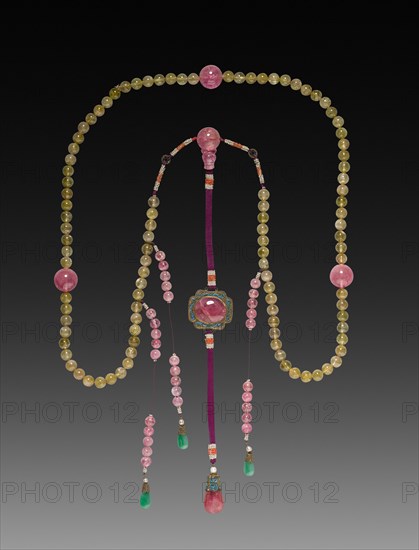 "Mandarin Chain" Bead Necklace, 1800s. China, Qing dynasty (1644-1911). Tourmaline, jade, pearls, seed pearls, seed coral and gilt metal; overall: 120.6 cm (47 1/2 in.).