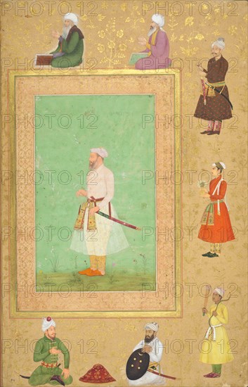 Page from the Late Shah Jahan Album: Portrait of Asaf Khan, c. 1653. India, Mughal court, reign of Shah Jahan (1628-1658), Mughal Dynasty (1526-1756). Opaque watercolor and gold  on paper; image: 19 x 11.9 cm (7 1/2 x 4 11/16 in.); overall: 38 x 24.8 cm (14 15/16 x 9 3/4 in.); with mat: 49 x 36.3 cm (19 5/16 x 14 5/16 in.).