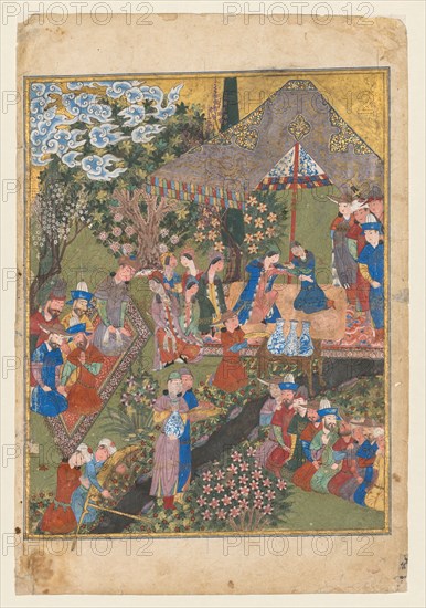 Royal Feast in a Garden, verso of right folio from the double-page frontispiece of a Shah-nama of Firdausi (Persian, about 934–1020), c. 1440. Opaque watercolor, gold, and silver on paper; image: 26.3 x 20.7 cm (10 3/8 x 8 1/8 in.); overall: 32.5 x 22.1 cm (12 13/16 x 8 11/16 in.).