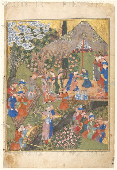 Royal Reception in a Landscape, right folio from a double-page frontispiece of a Shahnama (Book of Kings) of Firdausi (940–1019 or 1025), 1444. Iran, Shiraz, Timurid period (1370-1501). Opaque watercolor, gold, and silver on paper; overall: 32.5 x 22.1 cm (12 13/16 x 8 11/16 in.); recto image: 27.7 x 10.3 cm (10 7/8 x 4 1/16 in.); verso image: 26.3 x 20.7 cm (10 3/8 x 8 1/8 in.).