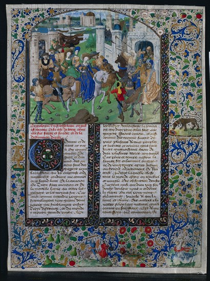 Leaf from Jehan de Courcy's "Chronique Universelle": King Priam Meets Helen and Paris outside the Gates of Troy, c. 1470. Northeastern France, 15th century. Ink, tempera, and gold on vellum; sheet: 36.3 x 27.2 cm (14 5/16 x 10 11/16 in.).