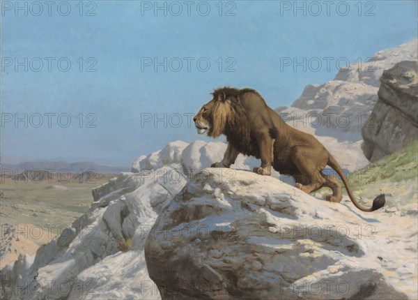 Lion on the Watch, c. 1885. Jean-Léon Gérôme (French, 1824-1904). Oil on wood panel; framed: 105 x 133 x 13.5 cm (41 5/16 x 52 3/8 x 5 5/16 in.); unframed: 72.3 x 100.5 cm (28 7/16 x 39 9/16 in.)