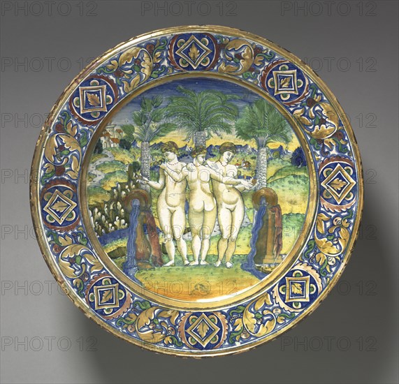 Plate Depicting Three Graces, 1525. Maestro Giorgio Andreoli (Italian, 1465-70-aft 1553). Tin-glazed earthenware with gold lustre (maiolica); diameter: 44.8 cm (17 5/8 in.).