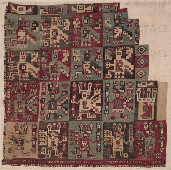 Corner Fragment, Probably from a Tunic, 700-1100 A.D.. Peru, South Coast, Wari Culture, Middle Horizon, 8th-11th Century. Plain cloth of cotton brocaded in wool; overall: 46 x 46.5 cm (18 1/8 x 18 5/16 in.)