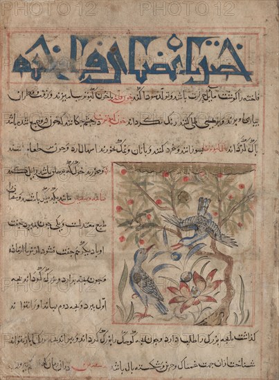 Qualities of Ringdoves (recto); On the Benefits of Quails (verso), from a Manafi' al-Hayawan (On the Usefulness of Animals) of Ibn Bakhtishu' (d. 1058), c. 1300. Iran, probably Maragah, Ilkhanid period (1256-1353). Opaque watercolor, ink, and gold on paper; image: 10.2 x 9 cm (4 x 3 9/16 in.); overall: 24.7 x 18.2 cm (9 3/4 x 7 3/16 in.); text area: 22.2 x 16.5 cm (8 3/4 x 6 1/2 in.).