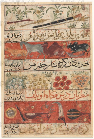 Animals, Precious Stones, Coins, and Musical Instruments (recto); Illustration and Text (Persian Verses) from a Manuscript of the Mu'nis al-Ahrar fi Daqa'iq al-Ash'ar (The Free Men's Companion to the Subtleties of Poems) of Muhammad Ibn Badr al-Din Jajarm, 1341. Iran, Shiraz, Ilkhanid Period, 14th Century. Opaque watercolor, ink and gold on paper; overall: 19.7 x 13.5 cm (7 3/4 x 5 5/16 in.).