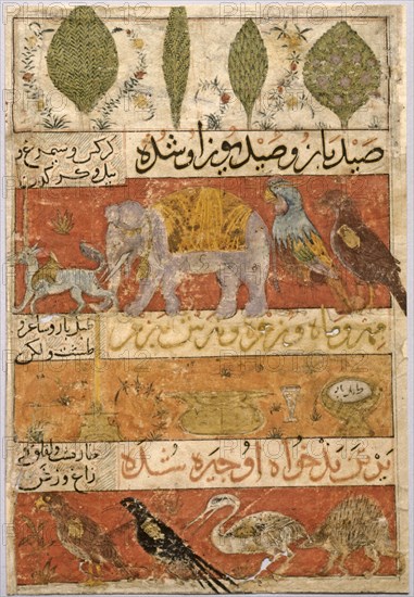 Animals, Birds, and Plants (verso); Illustration and Text (Persian Verses) from a Manuscript of the Mu'nis al-Ahrar fi Daqa'iq al-Ash'ar (The Free Men's Companion to the Subtleties of Poems) of Muhammad Ibn Badr al-Din Jajarmi, 1341. Iran, Shiraz, Ilkhanid Period, 14th Century. Opaque watercolor, ink and gold on paper; overall: 19.7 x 13.5 cm (7 3/4 x 5 5/16 in.).