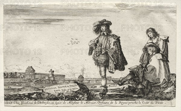 Various Figures and Landscapes:  Title Page - Three Figures, 1649. Stefano Della Bella (Italian, 1610-1664). Etching