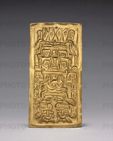 Plaque, c. 500-200 BC. Peru, North Coast, Chongoyape(?), Chavín style (1000-200 BC). Hammered and cut gold; overall: 21.8 x 10.8 cm (8 9/16 x 4 1/4 in.).