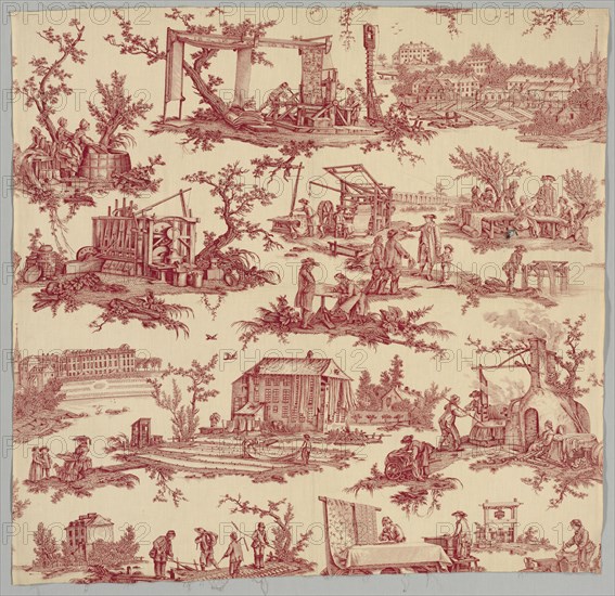 Les Travaux de la Manufacture, c. 1790s. France, Late 18th century. Plain weave cotton, printed; overall: 91.4 x 96.5 cm (36 x 38 in.)