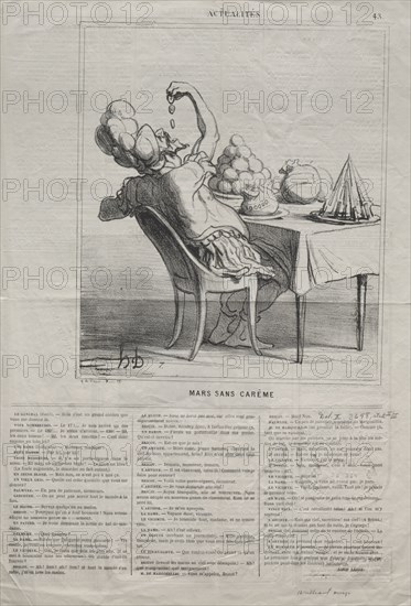 Published in le Charivari (12 March 1869): Actualities (No. 43): March without Lent, 1869. Honoré Daumier (French, 1808-1879). Lithograph; sheet: 44.2 x 61.5 cm (17 3/8 x 24 3/16 in.); image: 24.1 x 20.7 cm (9 1/2 x 8 1/8 in.).