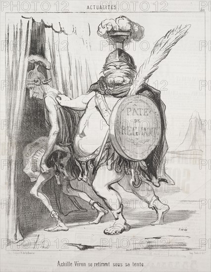 Published in Le Charivari (28 February 1850): Actualities: Achilles Withdrawing into his Tent, 1850. Honoré Daumier (French, 1808-1879). Lithograph; sheet: 37.4 x 51.2 cm (14 3/4 x 20 3/16 in.); image: 26 x 21.8 cm (10 1/4 x 8 9/16 in.)