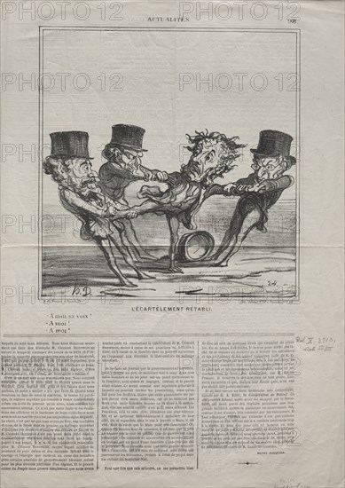 Published in le Charivari (8 May 1869): Actualities (No. 98): The quartering reinstated, 1869. Honoré Daumier (French, 1808-1879). Lithograph; sheet: 43.6 x 62 cm (17 3/16 x 24 7/16 in.); image: 23.3 x 22.3 cm (9 3/16 x 8 3/4 in.)