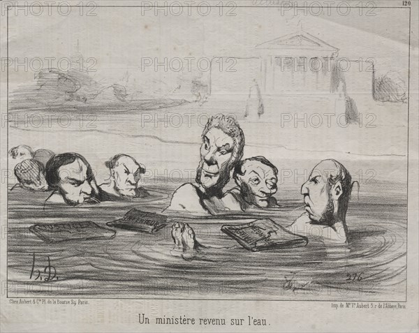 Published in le Charivari (26 April 1851): Actualities (No. 120): A Minister returns to the water, 1851. Honoré Daumier (French, 1808-1879). Lithograph; sheet: 23.6 x 34.8 cm (9 5/16 x 13 11/16 in.); image: 19.6 x 26.8 cm (7 11/16 x 10 9/16 in.)