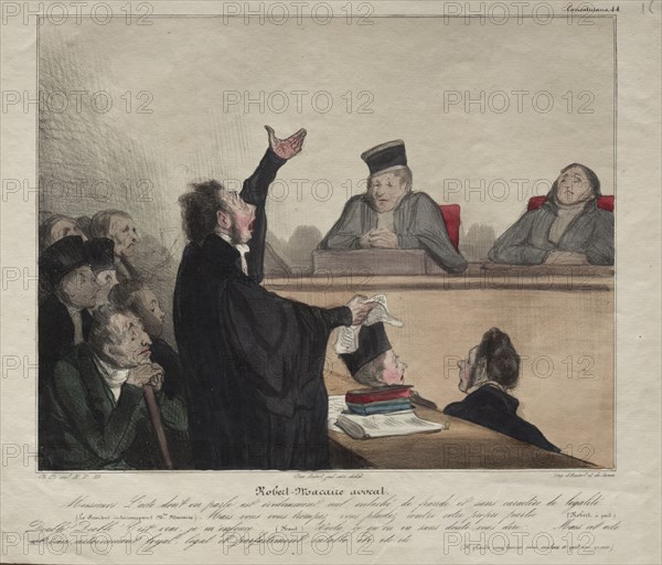 Le Charivari (no. du 23 avril 1837): Caricaturana, plate 44: Robert-Macaire, lawyer, 1837. Honoré Daumier (French, 1808-1879), Aubert. Lithograph, hand colored; sheet: 25.8 x 33.1 cm (10 3/16 x 13 1/16 in.); image: 19.8 x 25.1 cm (7 13/16 x 9 7/8 in.)