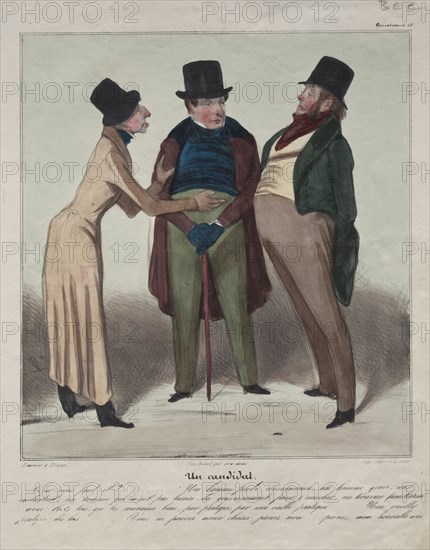 Published in le Charivari (18 May 1837): Caricaturana (Plate 48): A Candidate, 1837. Honoré Daumier (French, 1808-1879). Lithograph with watercolor; sheet: 33.2 x 26.1 cm (13 1/16 x 10 1/4 in.); image: 24.3 x 22.3 cm (9 9/16 x 8 3/4 in.)