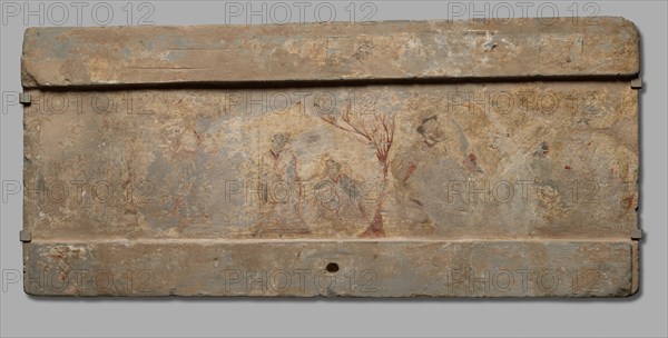 The Killing of Three Warriors with Two Peaches, 206 BC - AD 220. China, Han dynasty (202 BC-AD 220). Painted tile, black and red color on slip over gray earthenware; overall: 47 x 102.2 cm (18 1/2 x 40 1/4 in.).