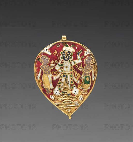 Pendant:  Krishna as Sri Nathaji, c. 1800-1830. India, Udaipur, Nethdwara area, 19th century. Champlevé enamel; overall: 5.2 x 3.9 cm (2 1/16 x 1 9/16 in.).