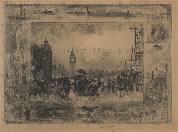 Westminster Bridge, or Westminster Tower, 1884. Félix Hilaire Buhot (French, 1847-1898). Etching, aquatint, drypoint and roulette; sheet: 33.5 x 47.9 cm (13 3/16 x 18 7/8 in.); platemark: 28.7 x 40.2 cm (11 5/16 x 15 13/16 in.)