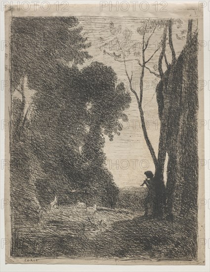 The Little Shepherd, 1855. Jean Baptiste Camille Corot (French, 1796-1875). Cliché-verre; sheet: 35.7 x 27.5 cm (14 1/16 x 10 13/16 in.); image: 33.5 x 26 cm (13 3/16 x 10 1/4 in.)