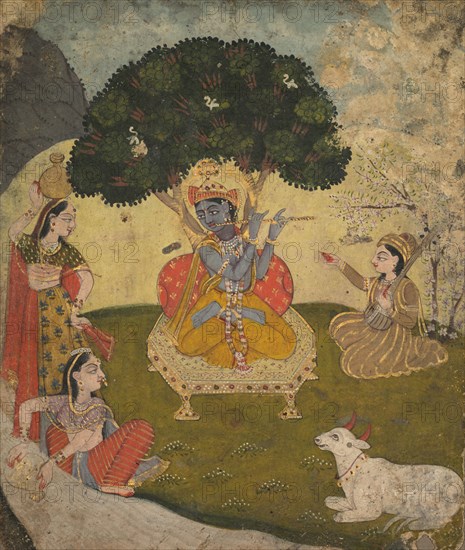 Krishna and Gopis, mid 1800s. India, Rajasthan, Jaipur, 19th century. Color on paper; overall: 14.4 x 12 cm (5 11/16 x 4 3/4 in.).