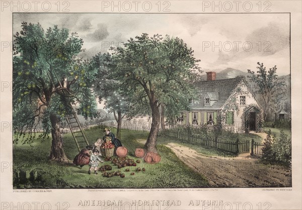 American Homestead, Autumn, 1869. And James Merritt Ives (American, 1824-1895), Nathaniel Currier (American, 1813-1888). Lithograph, hand colored; image: 21 x 31.7 cm (8 1/4 x 12 1/2 in.).