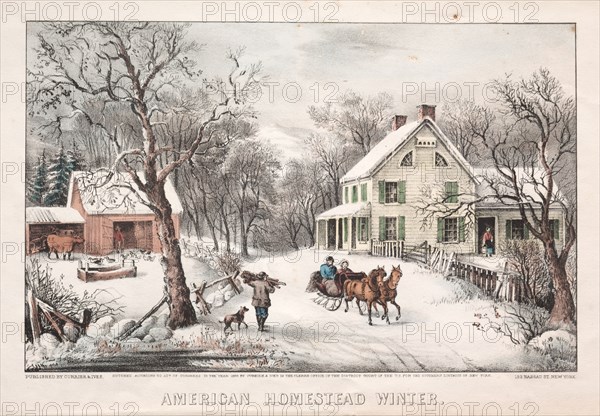 American Homestead, Winter, 1868. And James Merritt Ives (American, 1824-1895), Nathaniel Currier (American, 1813-1888). Lithograph, hand colored; image: 20.1 x 30.6 cm (7 15/16 x 12 1/16 in.)