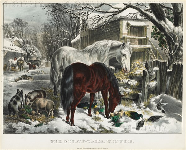 Straw-yard, Winter, 1800s. And James Merritt Ives (American, 1824-1895), Nathaniel Currier (American, 1813-1888). Lithograph, hand colored; image: 28.4 x 39.3 cm (11 3/16 x 15 1/2 in.)