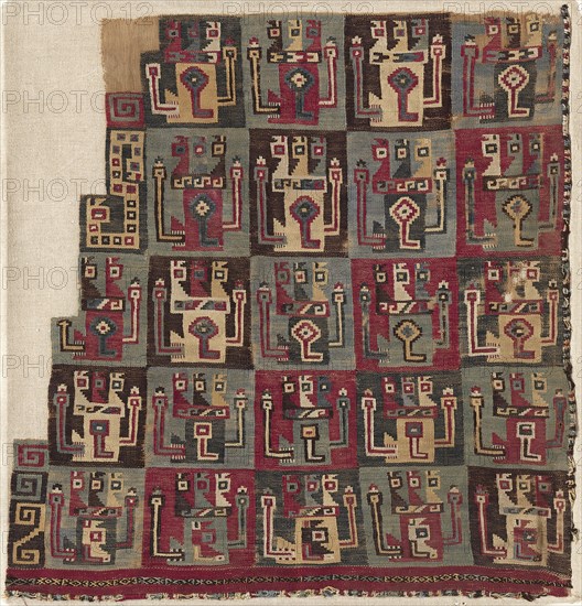 Corner Fragment, Probably from a Tunic, c. 700-1100. Peru, South Coast, Wari Culture, Middle Horizon, 8th-12th Century. Plain cloth of cotton brocaded in wool; overall: 47 x 45 cm (18 1/2 x 17 11/16 in.)