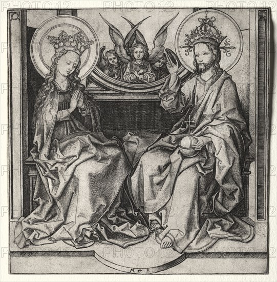 God the Father and the Blessed Virgin Enthroned Attended by Angels, c. 1480-90. Martin Schongauer (German, c.1450-1491). Engraving