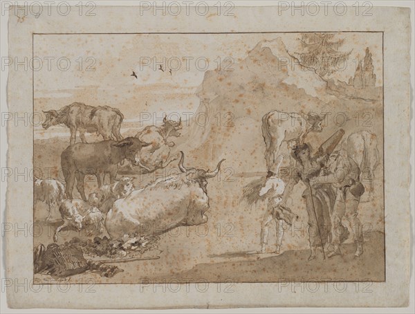 Sheep and Cows, 1790s. Giovanni Domenico Tiepolo (Italian, 1727-1804). Pen and brown ink and brush and brown wash, over black chalk; framing lines in brown ink and graphite; sheet: 35.8 x 47.3 cm (14 1/8 x 18 5/8 in.); image: 29.5 x 41.5 cm (11 5/8 x 16 5/16 in.).