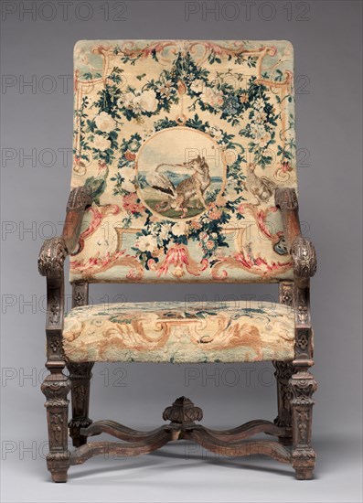 Chair, before 1717. Royal Savonnerie Manufactory, Chaillot Workshops (French, est. 1627). Carved wood, Savonnerie knotted-pile (symmertrical rug knot) upholstery; wool, hemp; overall: 121.9 x 70.5 x 55.3 cm (48 x 27 3/4 x 21 3/4 in.).