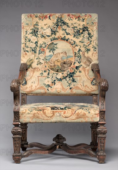 Chair, before 1717. Royal Savonnerie Manufactory, Chaillot Workshops (French, est. 1627). Carved wood, Savonnerie knotted-pile (symmertrical rug knot) upholstery; wool, hemp; overall: 121.9 x 70.5 x 55.3 cm (48 x 27 3/4 x 21 3/4 in.).