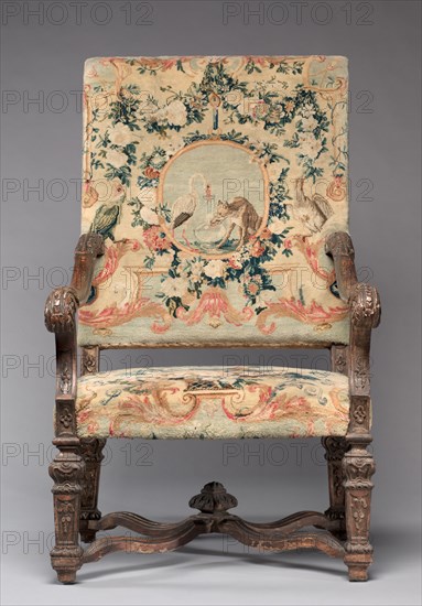 Chair, before 1717. Royal Savonnerie Manufactory, Chaillot Workshops (French, est. 1627). Carved wood, Savonnerie knotted-pile (symmertrical rug knot) upholstery; wool, hemp; overall: 121.9 x 70.5 x 55.3 cm (48 x 27 3/4 x 21 3/4 in.).