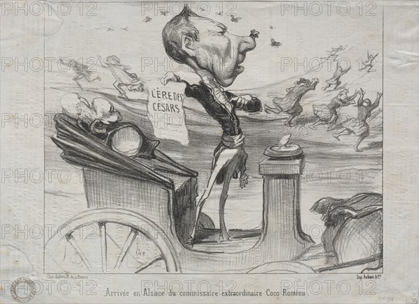 Published in le Charivari (28 February 1850): Actualities (No. 81): The Arrival in Alsace of the extraordinary commissioner, Coco Romieu, 1850. Honoré Daumier (French, 1808-1879). Lithograph; sheet: 24.3 x 34.9 cm (9 9/16 x 13 3/4 in.); image: 21.6 x 26.8 cm (8 1/2 x 10 9/16 in.)