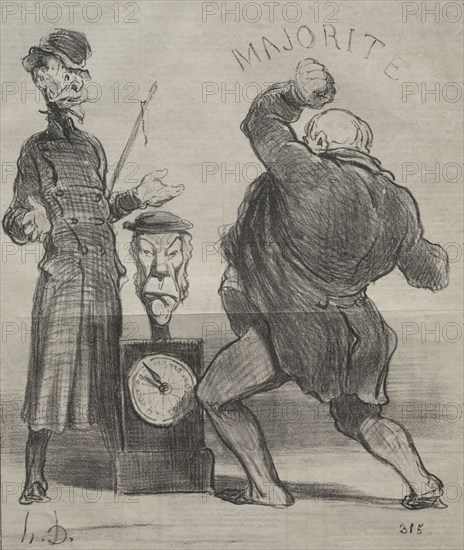 Published in le Charivari (8 August 1851): Actualities (plate 183): Trying one's strength, 1851. Honoré Daumier (French, 1808-1879). Lithograph; sheet: 36.1 x 25.3 cm (14 3/16 x 9 15/16 in.); image: 25.7 x 21.5 cm (10 1/8 x 8 7/16 in.).