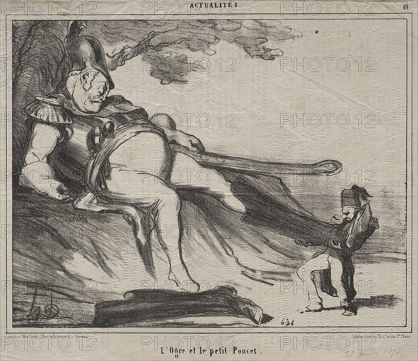 Published in le Charivari (23 June 1854) : The Cossacks for laughter (plate 61): The ogre and his little Tom Thumb, 1854. Honoré Daumier (French, 1808-1879). Lithograph; sheet: 26.2 x 30.1 cm (10 5/16 x 11 7/8 in.); image: 20.7 x 26.5 cm (8 1/8 x 10 7/16 in.).