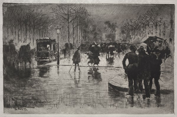 Artists Returning from the Salon, 1877. Félix Hilaire Buhot (French, 1847-1898). Etching, aquatint, and drypoint ; sheet: 30.6 x 44.8 cm (12 1/16 x 17 5/8 in.); platemark: 20.8 x 31.9 cm (8 3/16 x 12 9/16 in.).