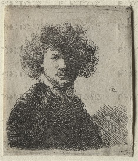 Self-Portrait with curly hair and white collar:  Bust, c. 1630. Rembrandt van Rijn (Dutch, 1606-1669). Etching; sheet: 5.9 x 5.1 cm (2 5/16 x 2 in.)