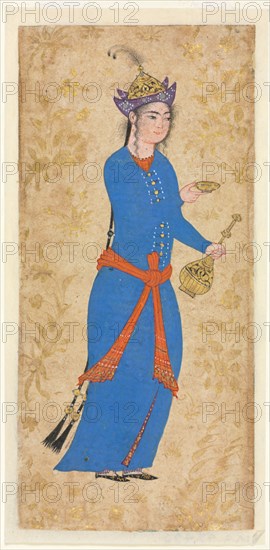 Princess with Wine Bottle and Cup, c. 1550-1600. Iran, Qazvin or Isfahan, Safavid period (1501-1722). Opaque watercolor and gold on paper; image: 12.2 x 5.7 cm (4 13/16 x 2 1/4 in.); overall: 37.1 x 24.8 cm (14 5/8 x 9 3/4 in.).
