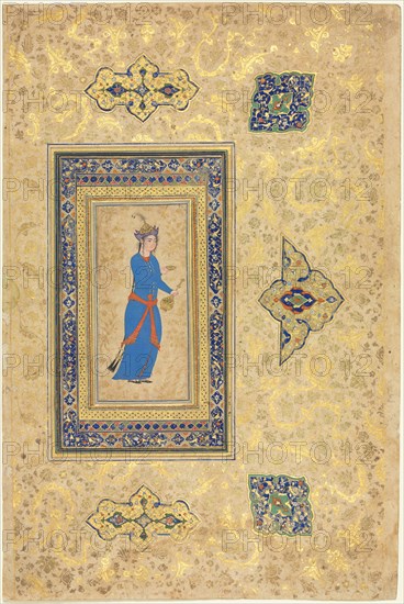 Princess with Wine Bottle and Cup (recto); Persian Verses (verso), c. 1550-1600 (recto); c. 1450-1500 (verso). Iran, Qazvin or Isfahan, Safavid period (1501-1722) (recto); Iran, possibly Timurid period (1370-1501) (verso). Opaque watercolor, ink, and gold on paper; verso image: 11.8 x 5.3 cm (4 5/8 x 2 1/16 in.); recto image: 12.2 x 5.7 cm (4 13/16 x 2 1/4 in.); overall: 37.1 x 24.8 cm (14 5/8 x 9 3/4 in.).