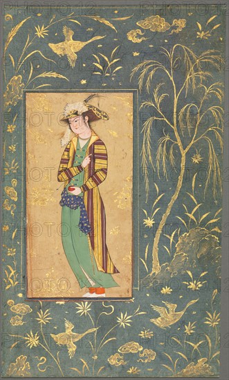 Youth Holding a Pomegranate; Illustration from a Single Page Manuscript, c.1600-1650. Style of Riza-yi Abbasi (Iranian). Opaque watercolor and gold on paper; image: 15.3 x 8 cm (6 x 3 1/8 in.); overall: 27.7 x 16.4 cm (10 7/8 x 6 7/16 in.).