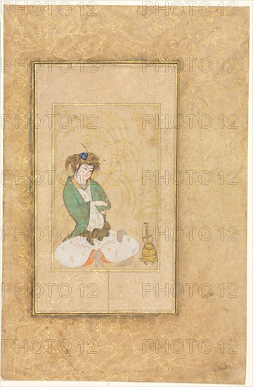 Youth Seated by a Willow; Single Page Illustration, c. 1600-1650. Style of Muhammad Yusuf (Iranian). Ink, gold, and colors on paper; sheet: 33.5 x 21.9 cm (13 3/16 x 8 5/8 in.); image: 15 x 9.6 cm (5 7/8 x 3 3/4 in.).