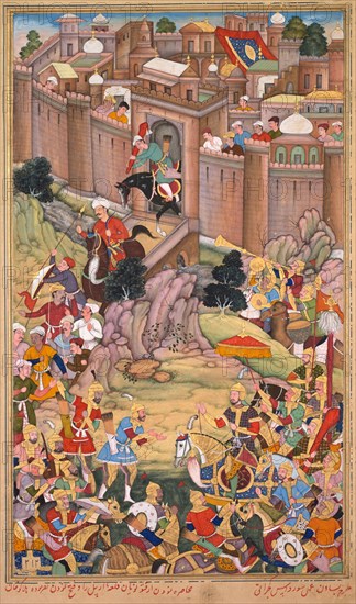 The siege of Arbela in the era of Hulagu Khan, page from a Chingiz-nama (Book of Chingiz Khan) of the Jami al-tavarikh (Compendium of Chronicles) of Rashid al-Din (Persian,1247–1318), c. 1596. Basavana (Indian, active c. 1560–1600), Sur Das (Indian). Color on paper; image: 34 x 20 cm (13 3/8 x 7 7/8 in.); overall: 38.5 x 25 cm (15 3/16 x 9 13/16 in.); with mat: 49 x 36.3 cm (19 5/16 x 14 5/16 in.).