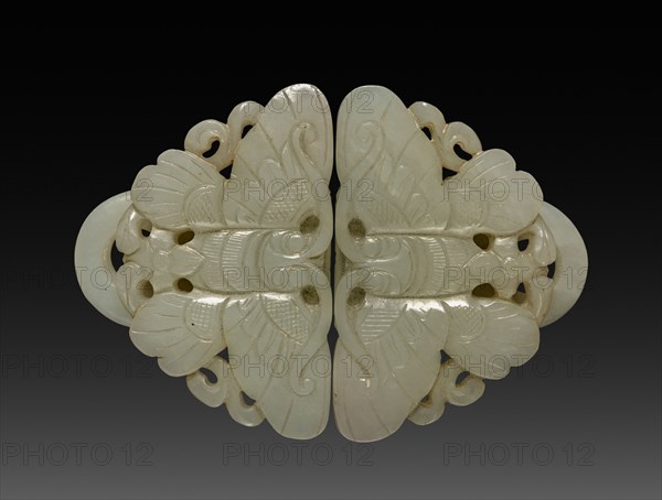 Butterfly Buckle, 1800s-1900s. China, 19th-20th century. White jade; part 1: 4.6 x 6.1 cm (1 13/16 x 2 3/8 in.); part 2: 4.6 x 6.1 cm (1 13/16 x 2 3/8 in.).