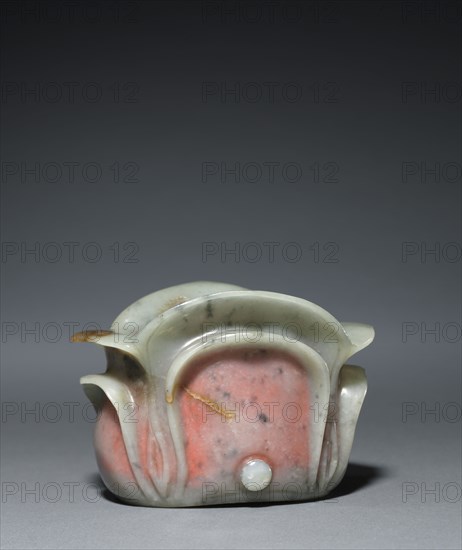 Daoist Cap, 960- 1279. China, Song dynasty (960-1279) - Yuan dynasty (1271-1368). Grayish-green jade with brown and black markings; interior with pink pigment and gold inlays; overall: 7.4 cm (2 15/16 in.).
